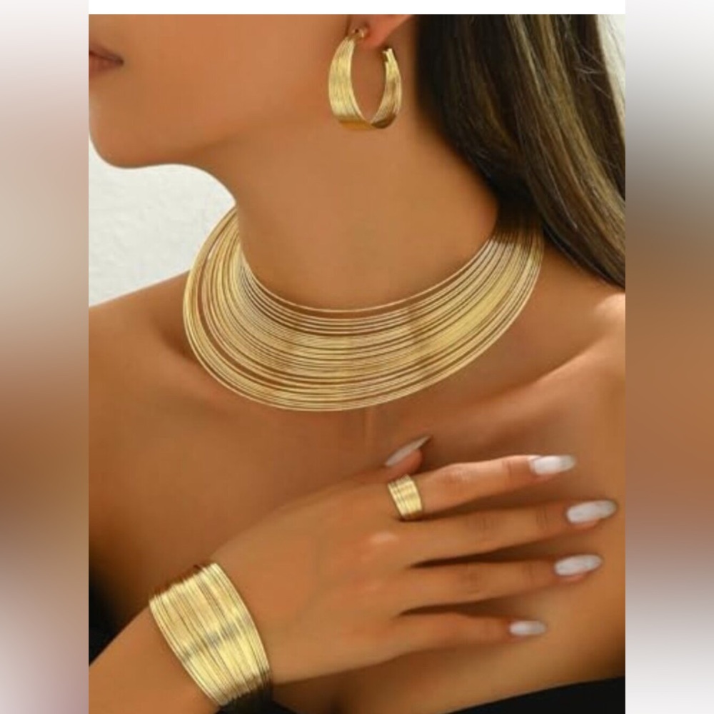New 24k Gold‎ Plated African Jewelry 4 piece Set  Hoops Chunky African necklace